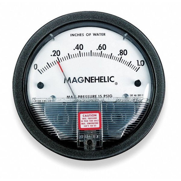 Differential pressure gage, range 0-10" w.c., minor divisions .20.