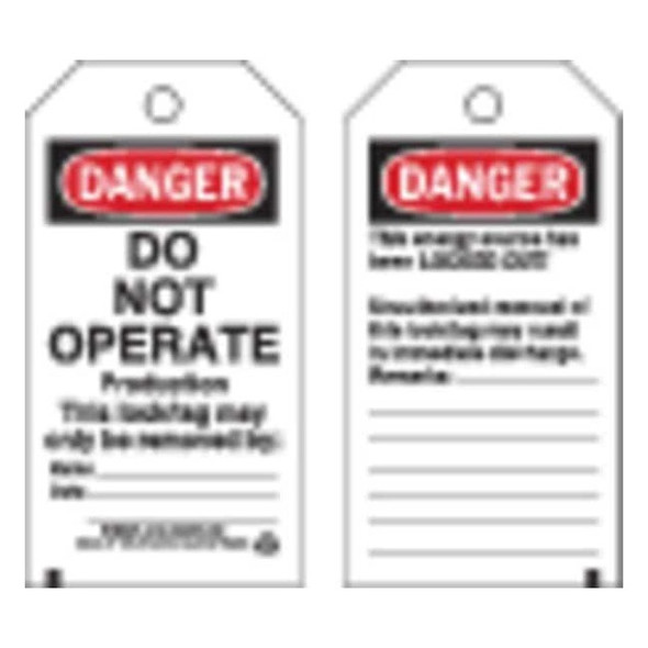 Danger Tag, Polyester, 5 3/4 in H x 3 in W, Black/Red on White, Rectangle, 25 PK