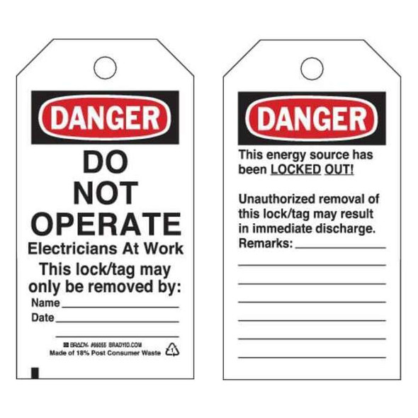 Danger Tag, Polyester, 5 3/4 in H x 3 in W, Black/Red on White, Rectangle, 25 PK