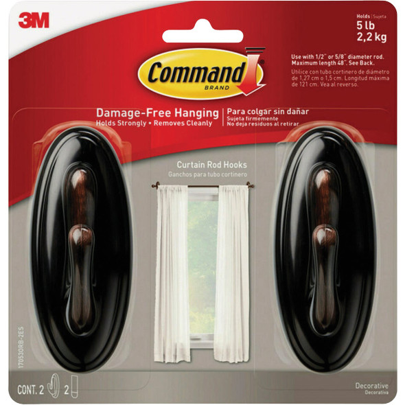 Command Oil Rubbed Bronze Curtain Rod Hook, 2 Hooks, 2 Strips 17053ORB-2ES