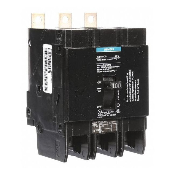 Miniature Circuit Breaker, BQD Series, 100A, 3 Pole, 480V AC, 14kA at 480V AC