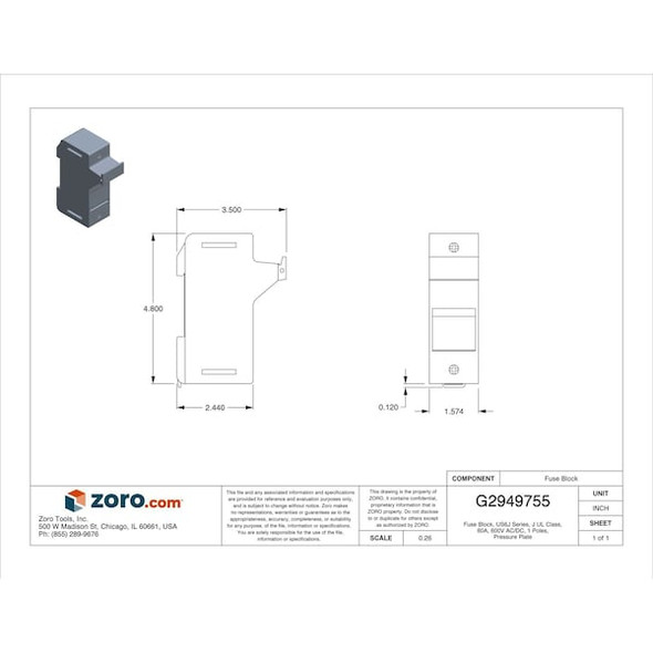 Mersen Finger Safe Fuse Block, J UL Class, 600V AC/DC Volt Rating, 1 Poles, Pressure Plate US6J1I