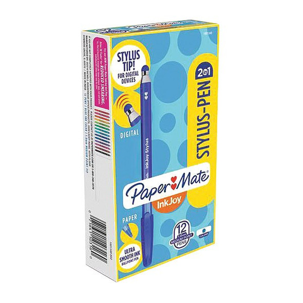 Paper Mate Ink Pen/Stylus,Blue,Rubber,1/2",PK12 1951349