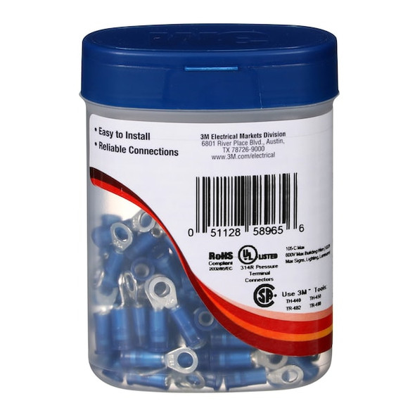 Ring Terminal, #10 Stud Size, 14 AWG, 1,000 V, Nylon Insulated, Blue, Crimp Termination Only