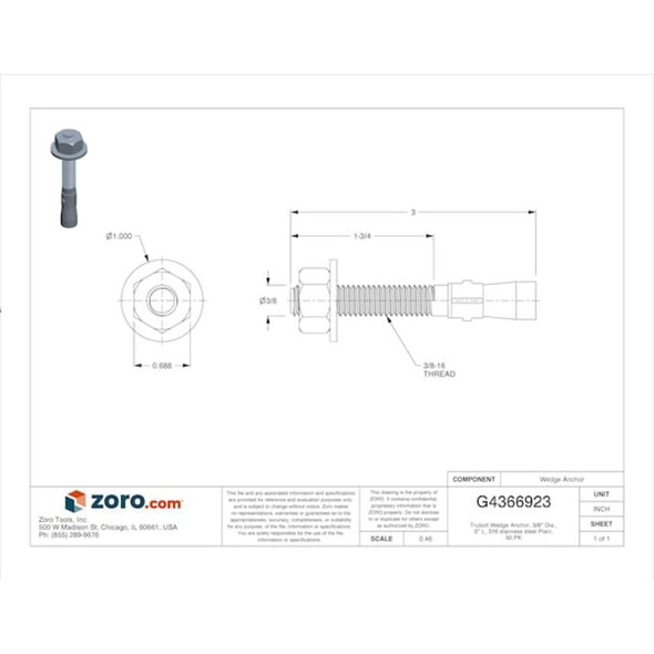 Red Head Trubolt Wedge Anchor, 3/8" Dia., 3" L, 316 stainless steel Plain, 50 PK SWW-3830