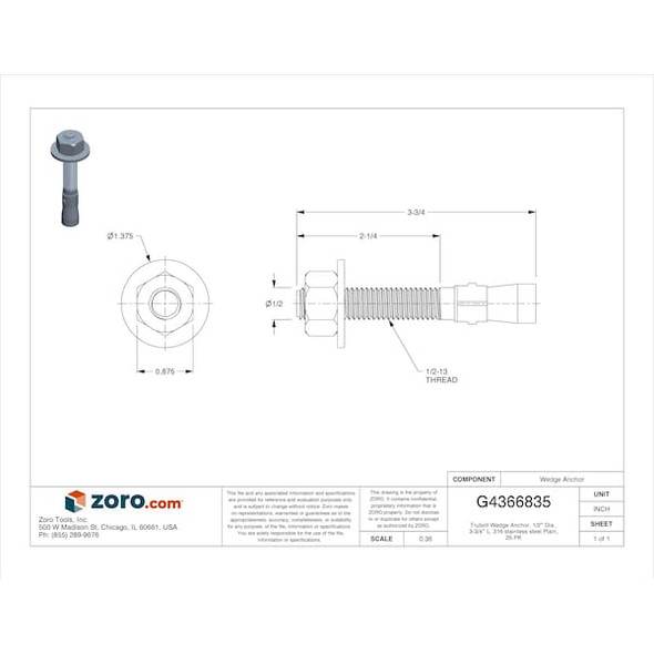 Red Head Trubolt Wedge Anchor, 1/2" Dia., 3-3/4" L, 316 stainless steel Plain, 25 PK SWW-1236