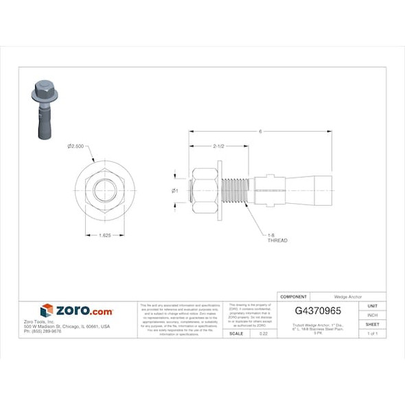 Red Head Trubolt Wedge Anchor, 1" Dia., 6" L, 18-8 Stainless Steel Plain, 5 PK WW-10060