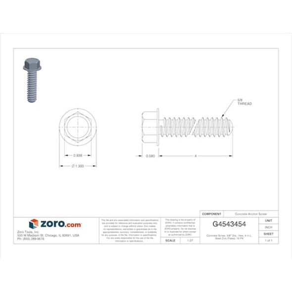 Concrete Screw, 5-8" Dia., Hex, 4 in L, Steel Zinc Plated, 10 PK  U70520.062.0400