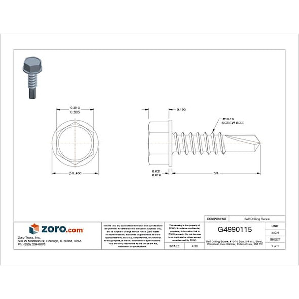 Self-Drilling Screw, #10 x 3/4 in, Climaseal Steel Flange Hex Head External Hex Drive, 500 PK