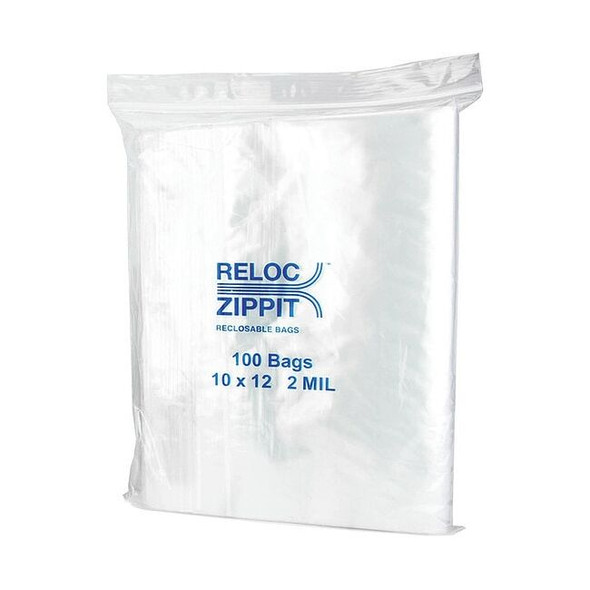 Reclosable Bag, Zip Seal, 12 in L, 10 in W, 2 mil Thick, Polyethylene, Clear