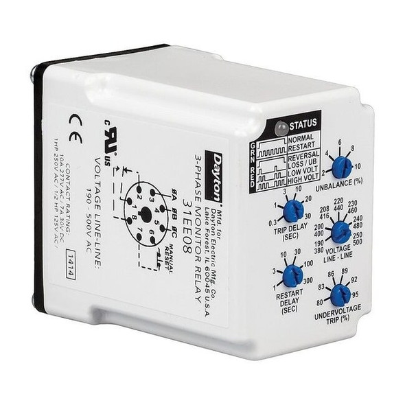 Dayton 3 Phase Monitor Relay,SPDT,500VAC,8 Pin PMPU-B18