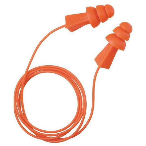 Tri-Grip Reusable Vinyl Ear Plugs, Flanged Shape, 27 dB, Orange, 100 PK