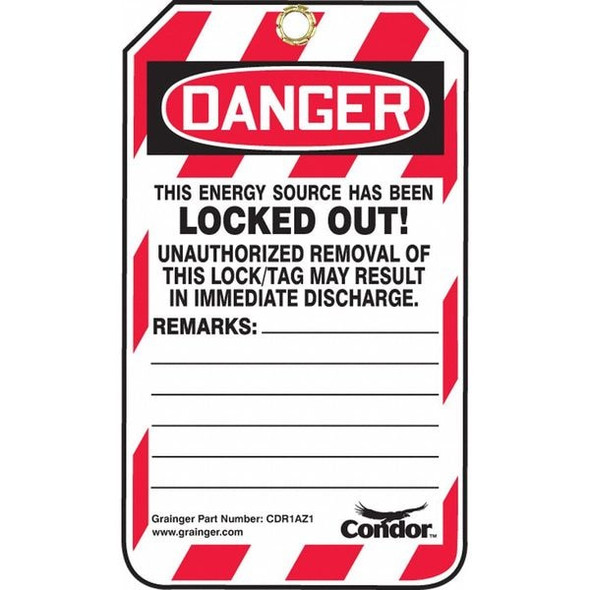 Lockout Tag, Danger, Plastic, 3 1/4 in Width, 5 3/4 in Height, Write On Surface: Yes ,100 PK