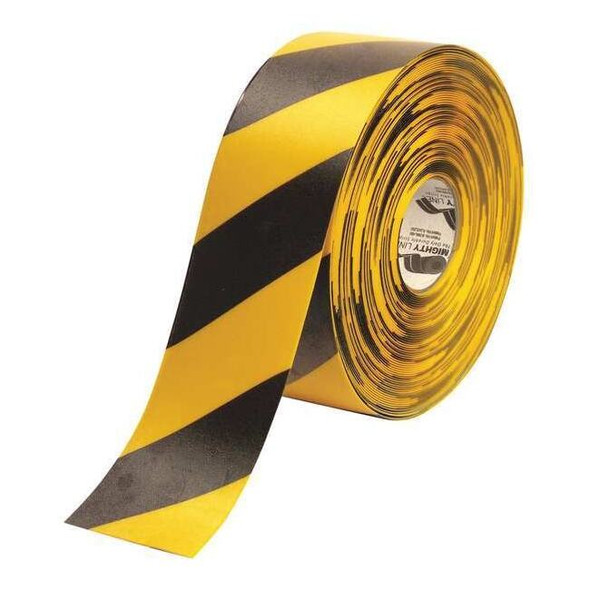 Mighty Line Floor Marking Tape, Rubber, Striped, Black, Yellow, 4 in W. 4RYCHV