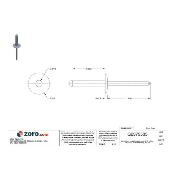 Blind Rivet, Flanged Head, 3/16 in Dia., 59/64 in L, Aluminum Body, 250 PK