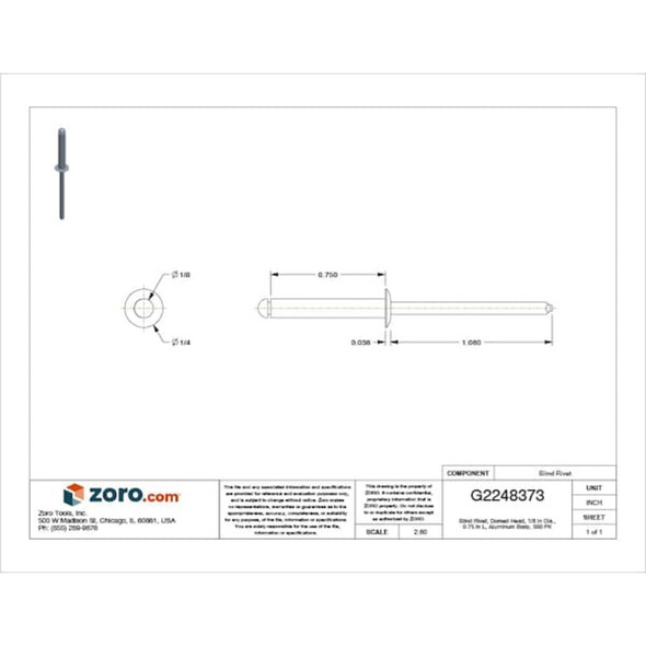 Blind Rivet, Dome Head, 1-8 in Dia., 3-4 in L, Aluminum Body, 500 PK  AD410ABS201