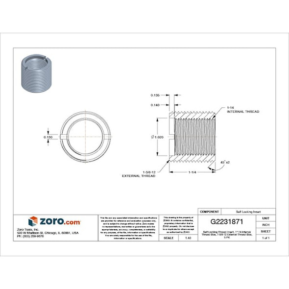 E-Z Lok Heavy Wall Self Locking Thread Insert, 1"-14 Int Thrd Sz, Carbon Steel, 5 PK 329-1614-PK5