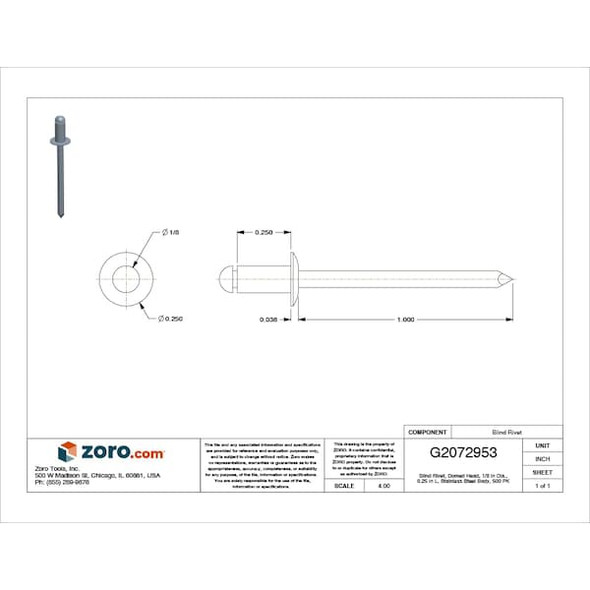Blind Rivet, Dome Head, 1/8 in Dia., 1/4 in L, Stainless Steel Body, 500 PK