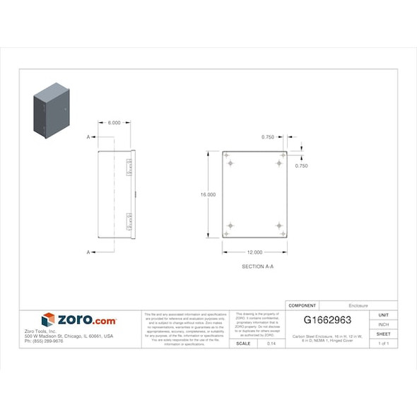 Wiegmann 1/4 Turn Latch Electrical Enclosures, 16 in H, 6 in D, 12 in W, 1, Steel N1C121606S