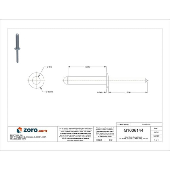 Blind Rivet, Dome Head, 1-4 in Dia., 1-7-32 in L, Steel Body, 100 PK  SD816BS203