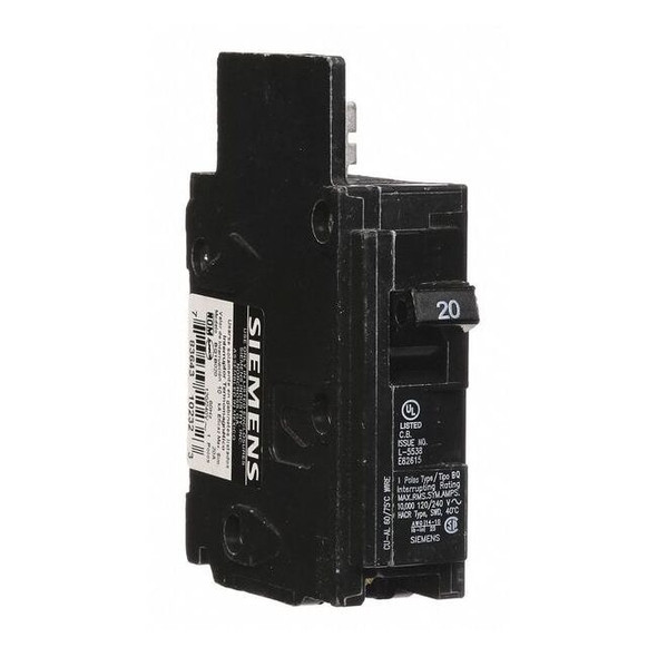 Miniature Circuit Breaker, BQ Series, 20A, 1 Pole, 120V AC, 10kA at 120V AC