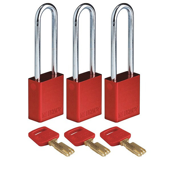 Brady Lockout Padlock,Alum.,Red,Key Alike,PK3 ALU-RED-76ST-KA3PK Brady Lockout Padlock,Alum.,Red,Key Alike,PK3 ALU-RED-76ST-KA3PK