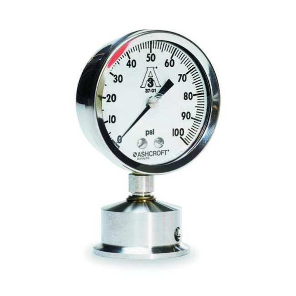 Pressure Gauge, 0 to 200 psi, 2 1/2 in Dial, 2 in Tri-Clamp, Bottom Location