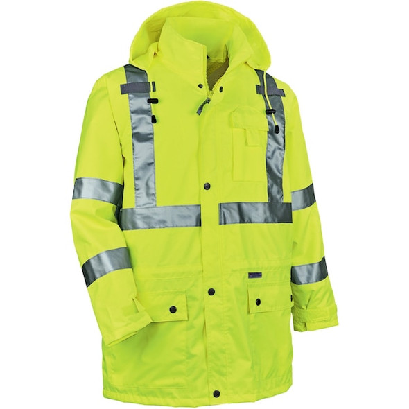 Ergodyne Rain Jacket with Hood, Polyester, Class 3 Type R, Yellow/Green, 2XL 8365
