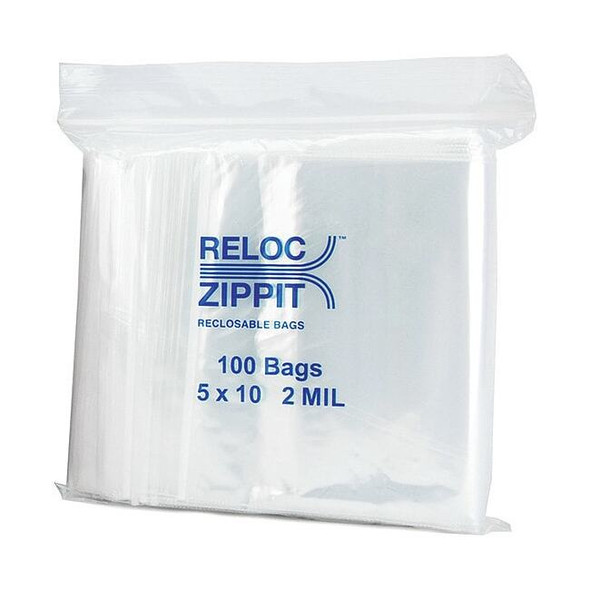 Reclosable Bag, Zip Seal, 10 in L, 5 in W, 2 mil Thick, Polyethylene, Clear