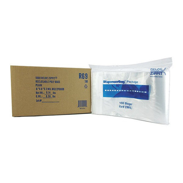 Reclosable Bag, Zip Seal, 9 in L, 6 in W, 2 mil Thick, Polyethylene, Clear