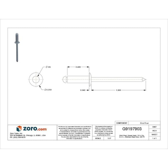 Blind Rivet, Dome Head, 1-8 in Dia., 13-32 in L, Stainless Steel Body, 500 PK  U34180.012.0044