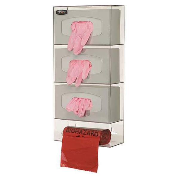 Glove Dispenser, PETG, Holds (3) Boxes, Bag Roll ,Clear ,20-1/2 in H x 10-1/8 in W x 4 in D