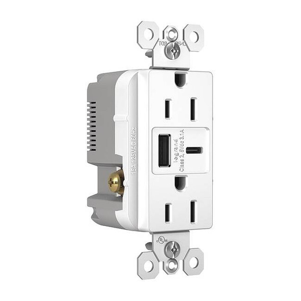 Legrand USB Receptacle, 15 A, White, Nylon R26USBACW