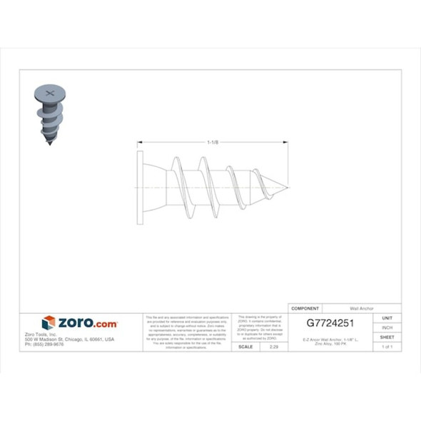 Itw Buildex E-Z Ancor Wall Anchor, 1-1-8" L, Zinc Alloy, 100 PK 5052907
