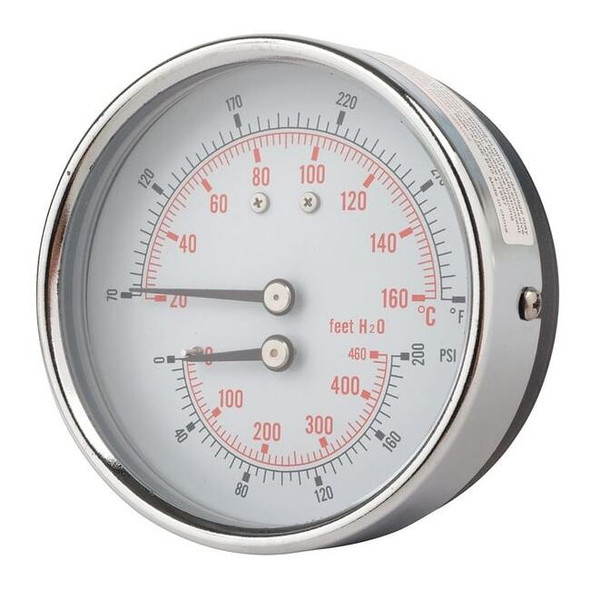 Round Boiler Gauge, 0 to 200 psi, 1/2 in MNPT, Steel, Silver