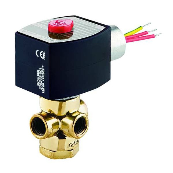 Solenoid Valve, 3-Way, 2-Position, Normally Closed, 1/4 in Pipe Size, 120V AC, Direct Mount, Brass