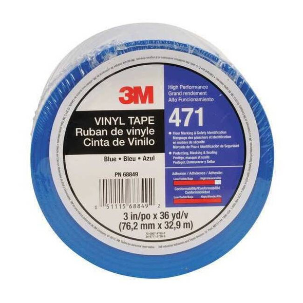 3m Floor Marking Tape, vinyl, Solid, Blue, 3 in W., 5.2 mil Thickness 471