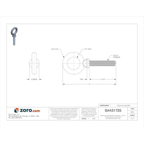 Eye Bolt With Shoulder, 1/2"-13, 2-1/2 in Shank, 1-3/16 in ID, 316 Stainless Steel, Plain