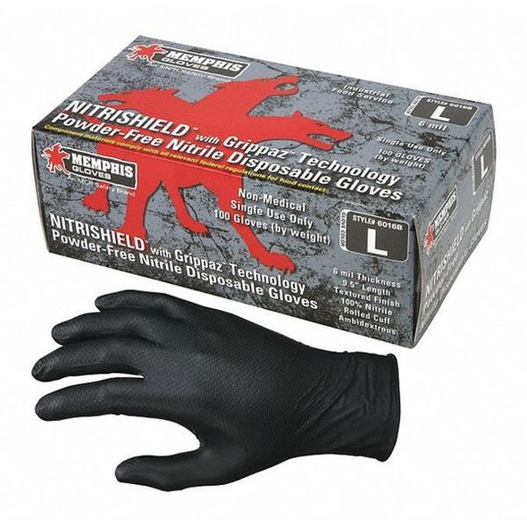 NitriShield 6016B, Disposable Gloves, 6 mil Palm, Nitrile, Powder-Free, L, 100 PK, Black