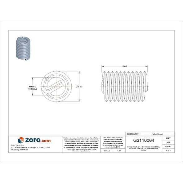 Tanged Helical Insert, Free-Running, M4-0.70 Thrd Sz, 18-8 Stainless Steel, 100 PK