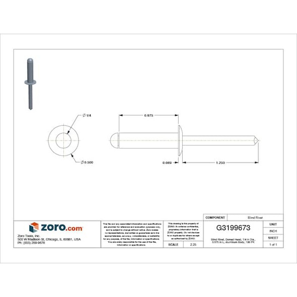 Blind Rivet, Dome Head, 1/4 in Dia., 31/32 in L, Aluminum Body, 100 PK