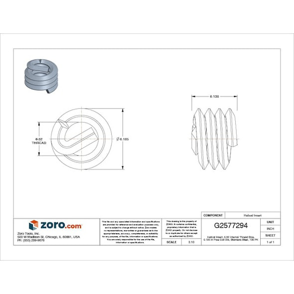 Tanged Helical Insert, Free-Running, #6-32 Thrd Sz, 18-8 Stainless Steel, 100 PK