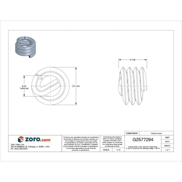 Tanged Helical Insert, Free-Running, #6-32 Thrd Sz, 18-8 Stainless Steel, 100 PK  A1185-06CN138