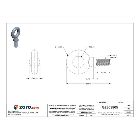Ken Forging Eye Bolt With Shoulder, M42-4.50, 95 mm Shank, 73 mm ID, Steel, Plain M42