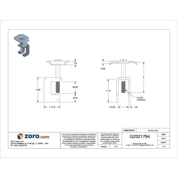 Grating Clip, For Screw Size 1-4 in, Carbon Steel, Galvanized, 50 PK  WGG-1E