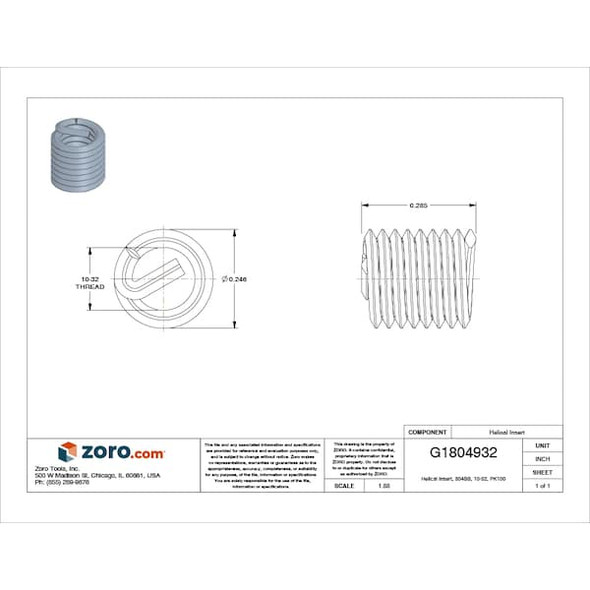 Tanged Helical Insert, Free-Running, #10-32 Thrd Sz, 18-8 Stainless Steel, 100 PK