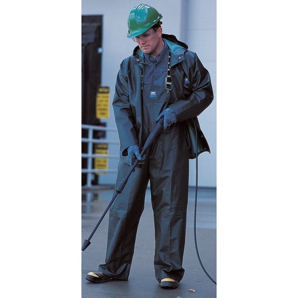Rain Bib Overall, Cotton/PVC, 32 in Inseam, 31 in Waist, 0.45 mm Thickness, Green, S