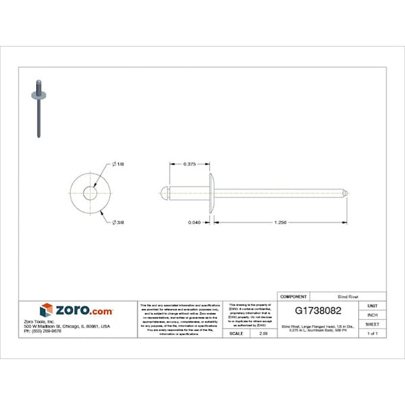 Blind Rivet, Flanged Head, 1/8 in Dia., 3/8 in L, Aluminum Body, 500 PK