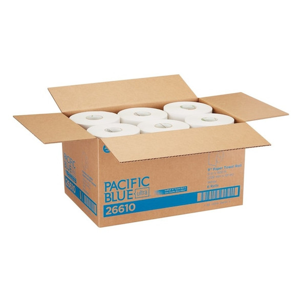 Pacific Blue Ultra Hardwound Paper Towels, 1 Ply, Continuous Roll Sheets, 400 ft, White, 6 PK