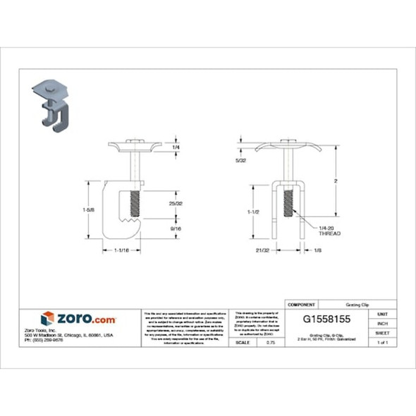Grating Clip, For Screw Size 1-4 in, Carbon Steel, Galvanized, 50 PK  WGG-2E
